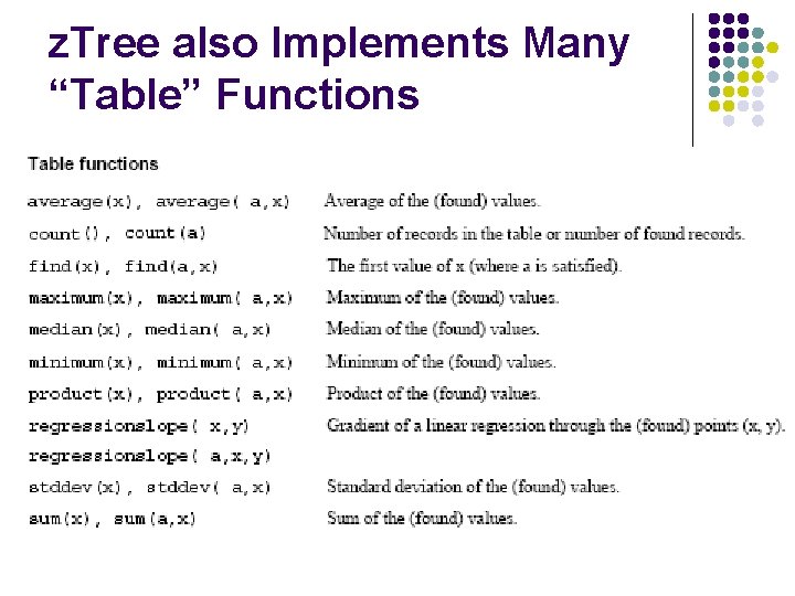z. Tree also Implements Many “Table” Functions 
