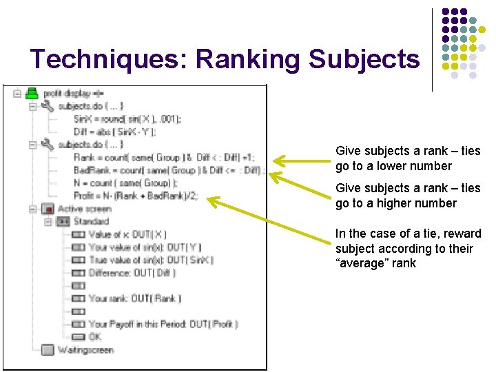 Techniques: Ranking Subjects Give subjects a rank – ties go to a lower number