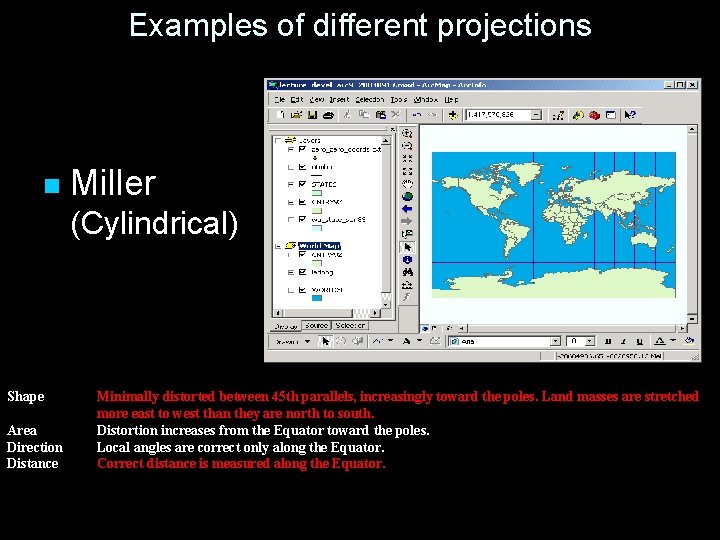 Examples of different projections n Miller (Cylindrical) Shape Area Direction Distance Minimally distorted between