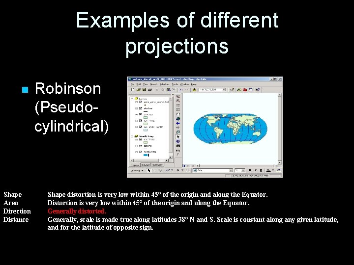 Examples of different projections n Shape Area Direction Distance Robinson (Pseudocylindrical) Shape distortion is