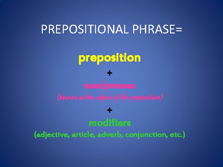 PREPOSITIONAL PHRASE= preposition + noun/pronoun (known as the object of the preposition) + modifiers