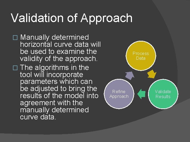 Validation of Approach Manually determined horizontal curve data will be used to examine the