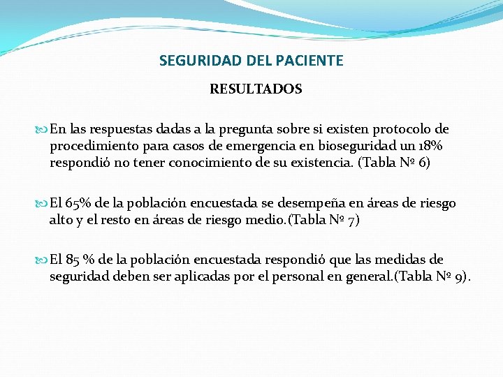 SEGURIDAD DEL PACIENTE RESULTADOS En las respuestas dadas a la pregunta sobre si existen