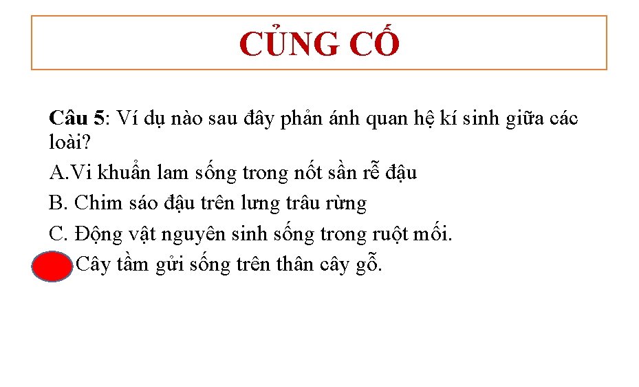 CỦNG CỐ Câu 5: Ví dụ nào sau đây phản ánh quan hệ kí