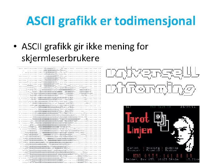 ASCII grafikk er todimensjonal • ASCII grafikk gir ikke mening for skjermleserbrukere 