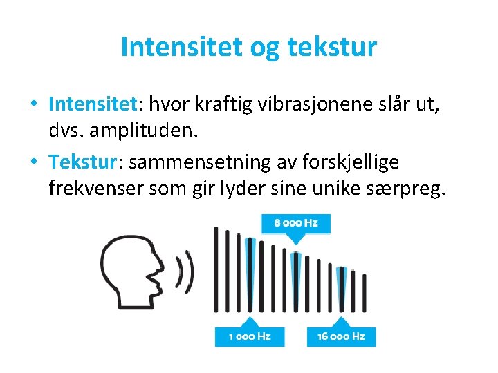 Intensitet og tekstur • Intensitet: hvor kraftig vibrasjonene slår ut, dvs. amplituden. • Tekstur: