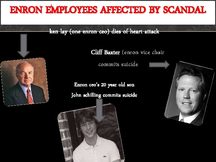 ENRON EMPLOYEES AFFECTED BY SCANDAL ken lay (one enron ceo) dies of heart attack