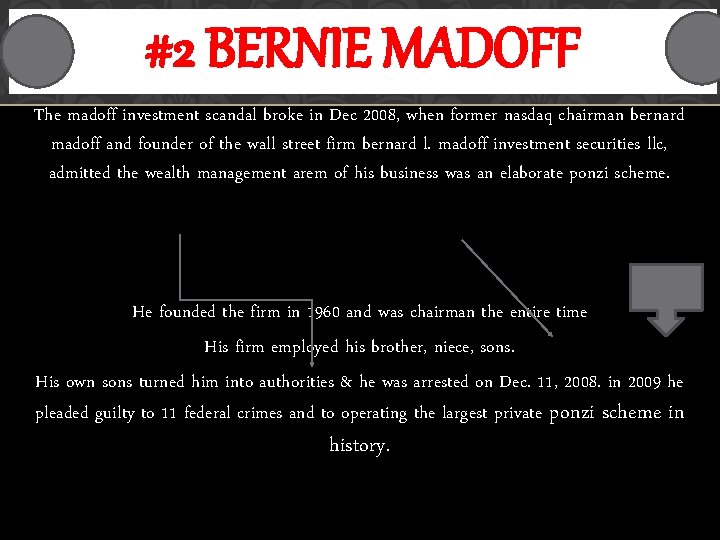 #2 BERNIE MADOFF The madoff investment scandal broke in Dec 2008, when former nasdaq