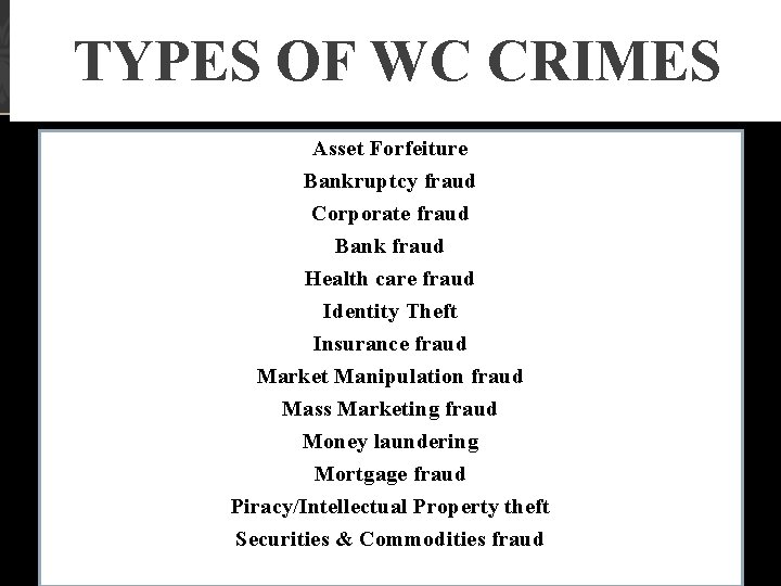 TYPES OF WC CRIMES Asset Forfeiture Bankruptcy fraud Corporate fraud Bank fraud Health care