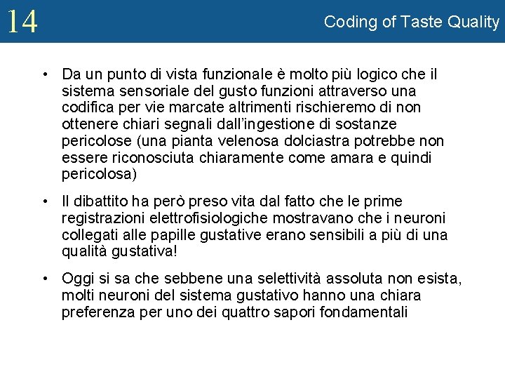 14 Coding of Taste Quality • Da un punto di vista funzionale è molto