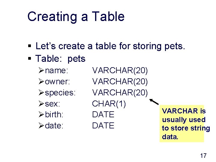 Creating a Table § Let’s create a table for storing pets. § Table: pets