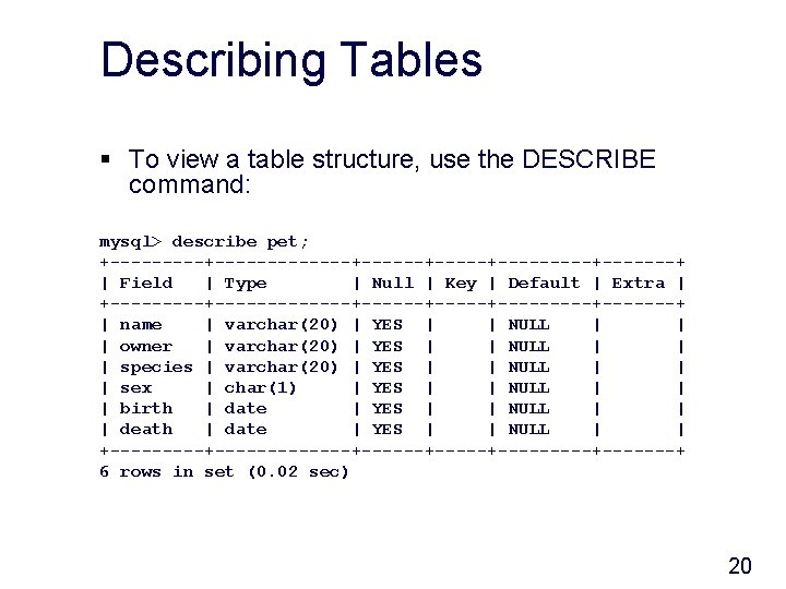 Describing Tables § To view a table structure, use the DESCRIBE command: mysql> describe