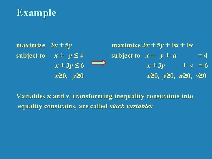 Example maximize 3 x + 5 y subject to x + y ≤ 4