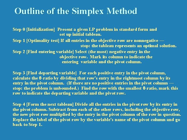 Outline of the Simplex Method Step 0 [Initialization] Present a given LP problem in