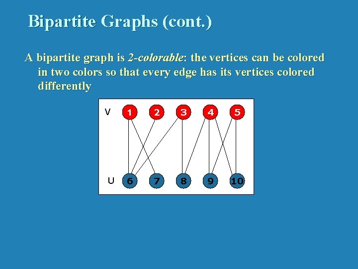 Bipartite Graphs (cont. ) A bipartite graph is 2 -colorable: the vertices can be