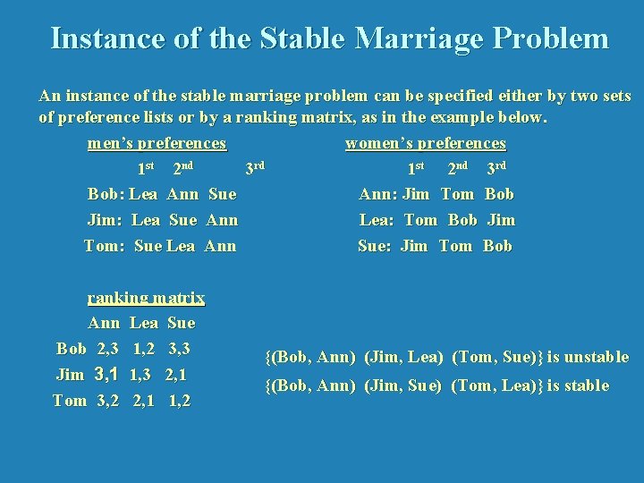 Instance of the Stable Marriage Problem An instance of the stable marriage problem can