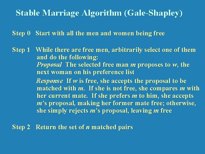 Stable Marriage Algorithm (Gale-Shapley) Step 0 Start with all the men and women being