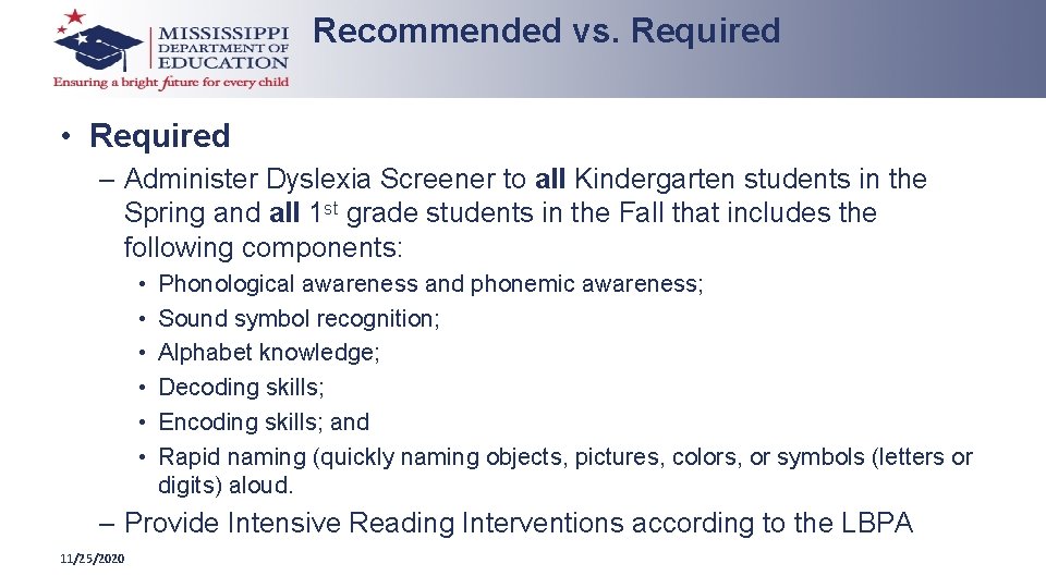 Recommended vs. Required • Required – Administer Dyslexia Screener to all Kindergarten students in