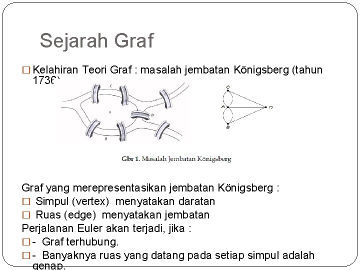 Sejarah Graf � Kelahiran Teori Graf : masalah jembatan Königsberg (tahun 1736) Graf yang