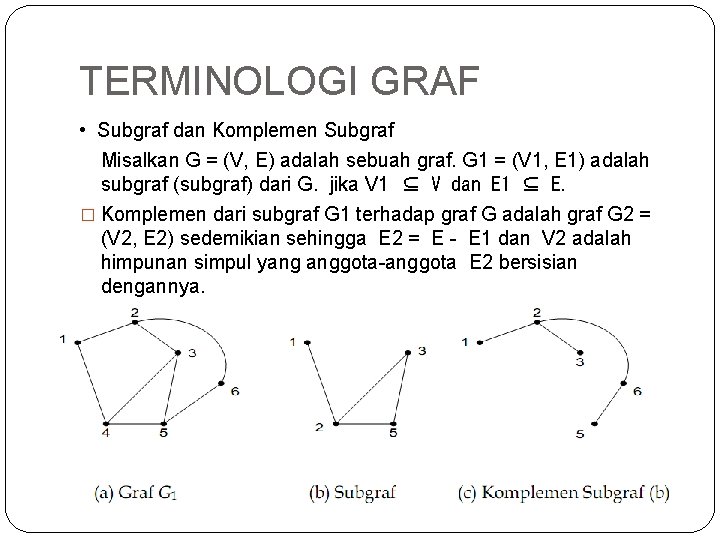 TERMINOLOGI GRAF • Subgraf dan Komplemen Subgraf Misalkan G = (V, E) adalah sebuah