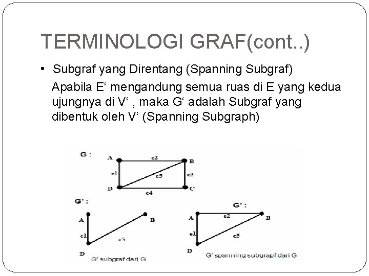 TERMINOLOGI GRAF(cont. . ) • Subgraf yang Direntang (Spanning Subgraf) Apabila E‘ mengandung semua