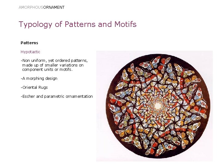 AMORPHOUSORNAMENT Typology of Patterns and Motifs Patterns Hypotactic -Non uniform, yet ordered patterns, made