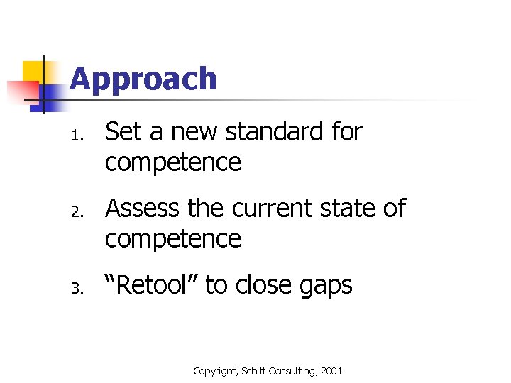 Approach 1. 2. 3. Set a new standard for competence Assess the current state Approach 1. 2. 3. Set a new standard for competence Assess the current state