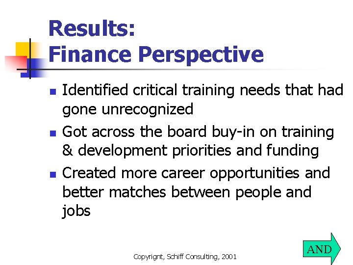 Results: Finance Perspective n n n Identified critical training needs that had gone unrecognized