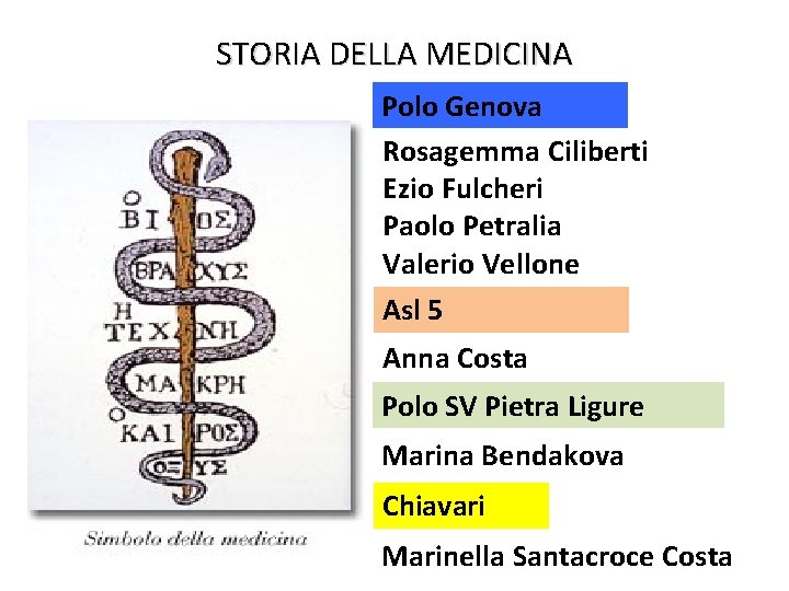 STORIA DELLA MEDICINA Polo Genova Rosagemma Ciliberti Ezio Fulcheri Paolo Petralia Valerio Vellone Asl