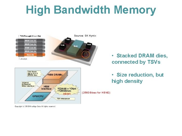 High Bandwidth Memory Source: SK Hynix • Stacked DRAM dies, connected by TSVs •
