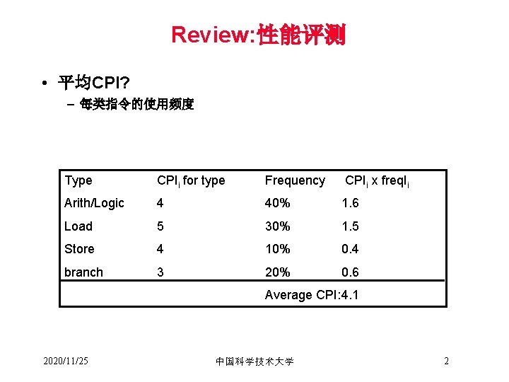 Review: 性能评测 • 平均CPI? – 每类指令的使用频度 Type CPIi for type Frequency CPIi x freq.