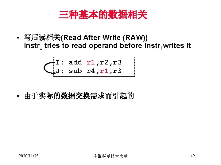 三种基本的数据相关 • 写后读相关(Read After Write (RAW)) Instr. J tries to read operand before Instr.