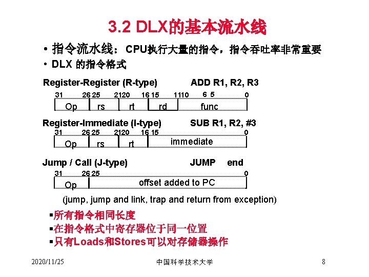 3. 2 DLX的基本流水线 • 指令流水线：CPU执行大量的指令，指令吞吐率非常重要 • DLX 的指令格式 Register-Register (R-type) 31 26 25 Op