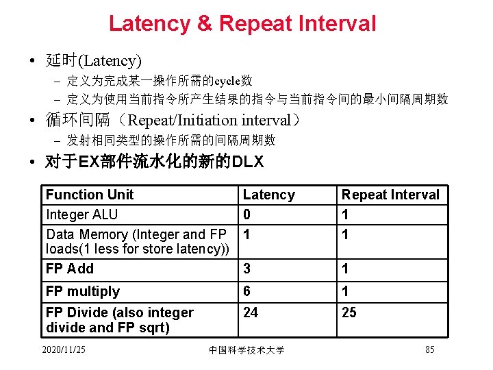 Latency & Repeat Interval • 延时(Latency) – 定义为完成某一操作所需的cycle数 – 定义为使用当前指令所产生结果的指令与当前指令间的最小间隔周期数 • 循环间隔（Repeat/Initiation interval） –
