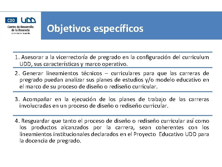 Objetivos específicos 1. Asesorar a la vicerrectoría de pregrado en la configuración del curriculum