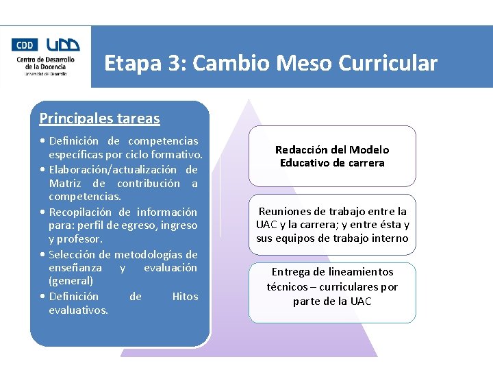 Etapa 3: Cambio Meso Curricular Principales tareas • Definición de competencias específicas por ciclo