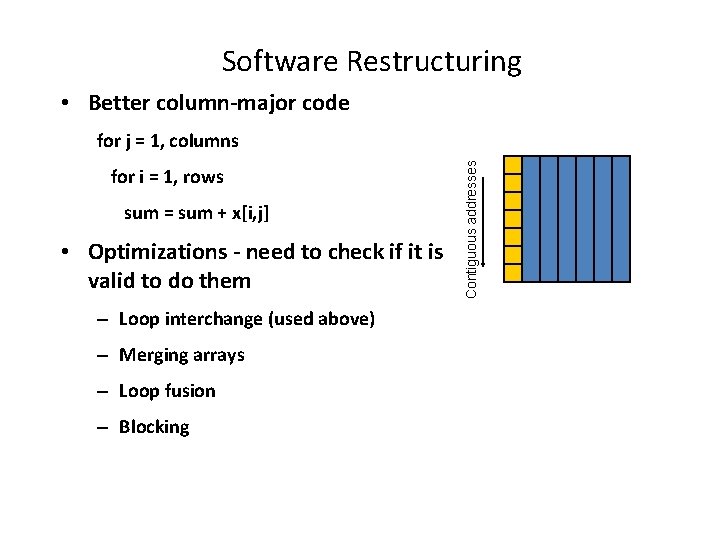 Software Restructuring • Better column-major code for i = 1, rows sum = sum