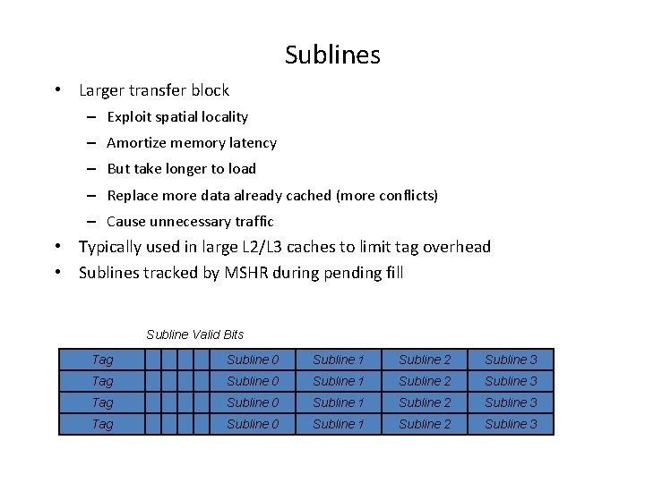 Sublines • Larger transfer block – Exploit spatial locality – Amortize memory latency –