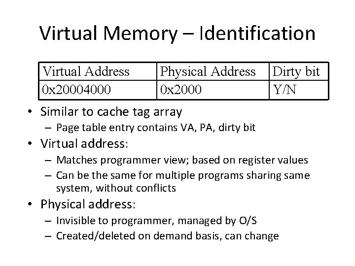 Virtual Memory – Identification Virtual Address 0 x 20004000 Physical Address 0 x 2000