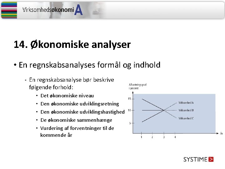 14. Økonomiske analyser • En regnskabsanalyses formål og indhold - En regnskabsanalyse bør beskrive