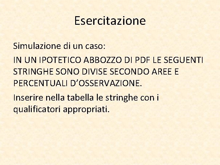 Esercitazione Simulazione di un caso: IN UN IPOTETICO ABBOZZO DI PDF LE SEGUENTI STRINGHE