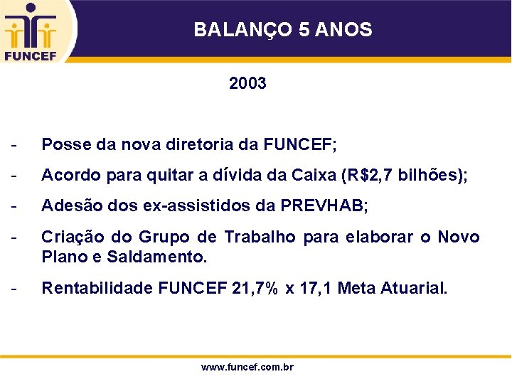 BALANÇO 5 ANOS 2003 - Posse da nova diretoria da FUNCEF; - Acordo para