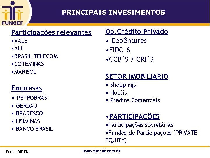 PRINCIPAIS INVESIMENTOS Participações relevantes • VALE • ALL • BRASIL TELECOM • COTEMINAS •