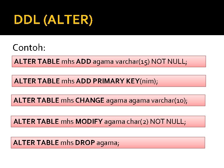 DDL (ALTER) Contoh: ALTER TABLE mhs ADD agama varchar(15) NOT NULL; ALTER TABLE mhs