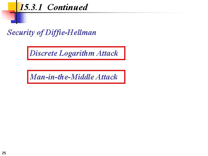 15. 3. 1 Continued Security of Diffie-Hellman Discrete Logarithm Attack Man-in-the-Middle Attack 25 