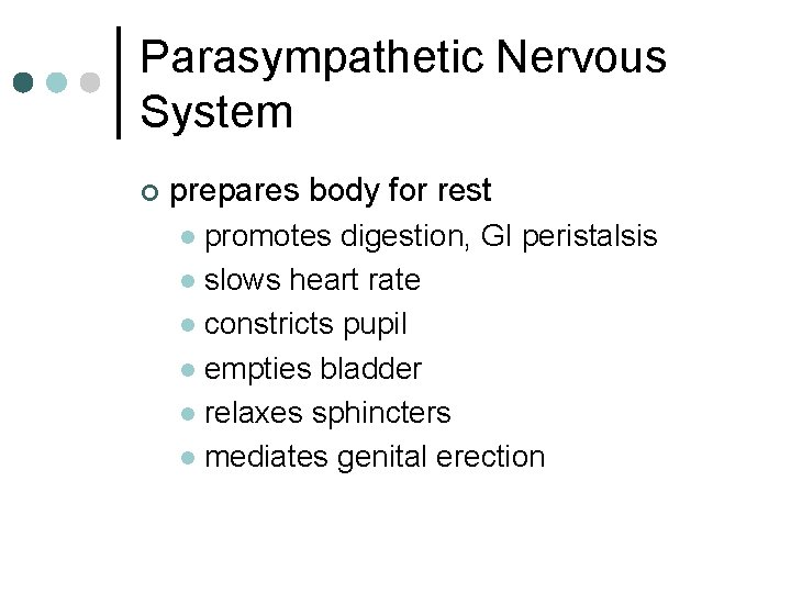 Parasympathetic Nervous System ¢ prepares body for rest promotes digestion, GI peristalsis l slows