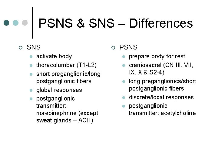 PSNS & SNS – Differences ¢ SNS l l l activate body thoracolumbar (T