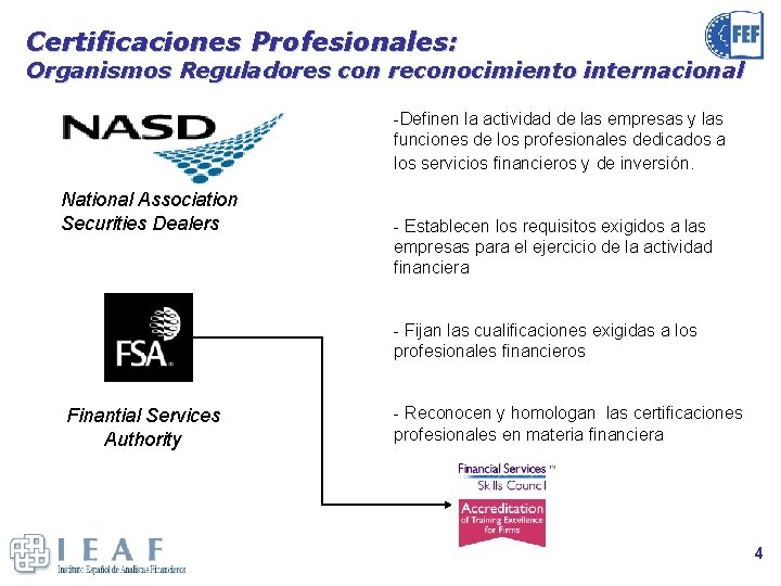 Certificaciones Profesionales: Organismos Reguladores con reconocimiento internacional -Definen la actividad de las empresas y
