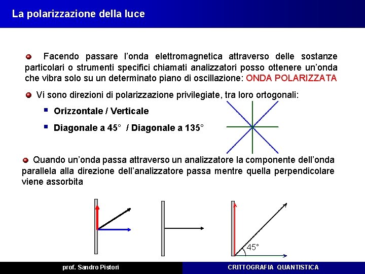 La polarizzazione della luce Facendo passare l’onda elettromagnetica attraverso delle sostanze particolari o strumenti La polarizzazione della luce Facendo passare l’onda elettromagnetica attraverso delle sostanze particolari o strumenti