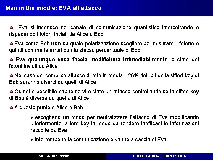 Man in the middle: EVA all’attacco Eva si inserisce nel canale di comunicazione quantistico Man in the middle: EVA all’attacco Eva si inserisce nel canale di comunicazione quantistico